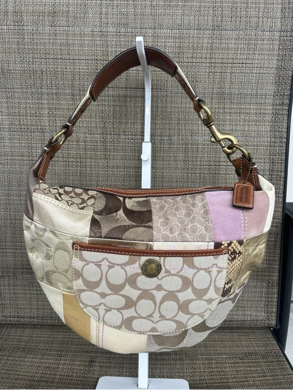 Rare Vintage Coach Y2K Patchwork Leather Trim Hobo Bag 10019 Brown Gold Pink